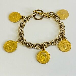 Vintage Gold Tone Coin Charm Bracelet Toggle Clasp Statement